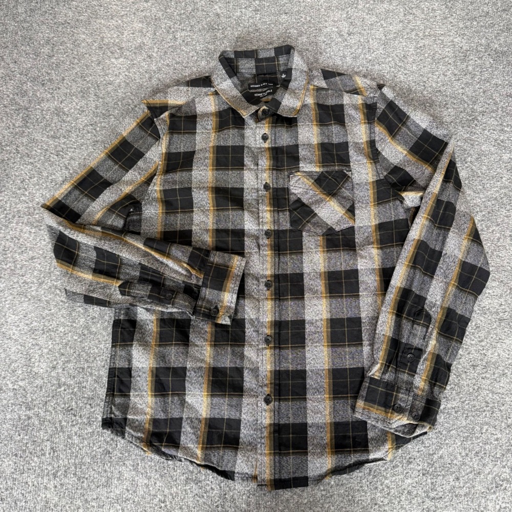 Kenneth Cole New York Mens Slim Fit Plaid Button Down Shirt Black Yellow Small